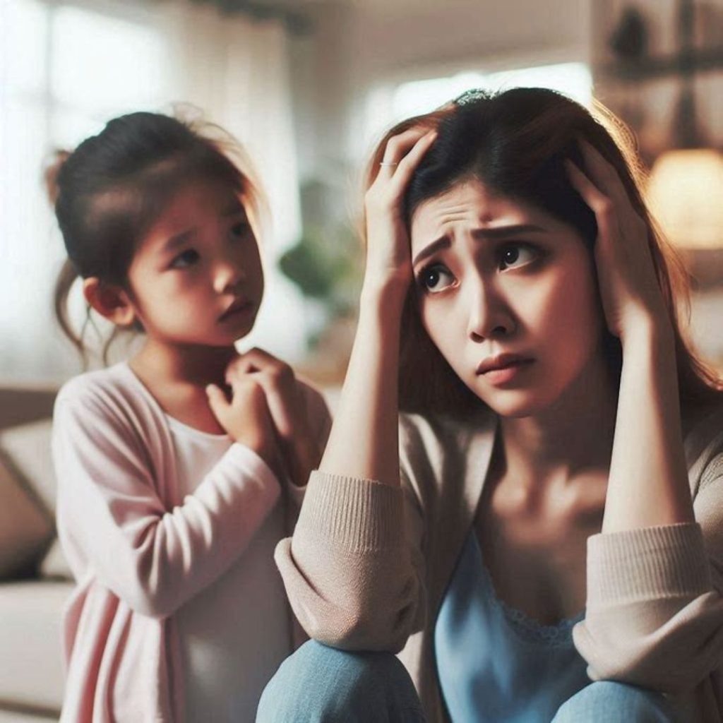 ASian ADHD child looking at a stressed mother wishing she knew