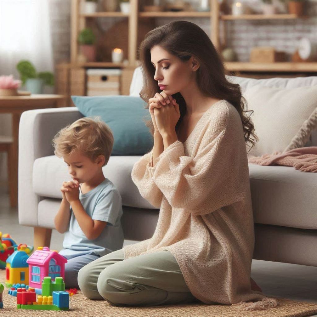 MOM IN PRAYER FOR ADHD CHILD SITTING BESIDE HER ON THE FLOOR