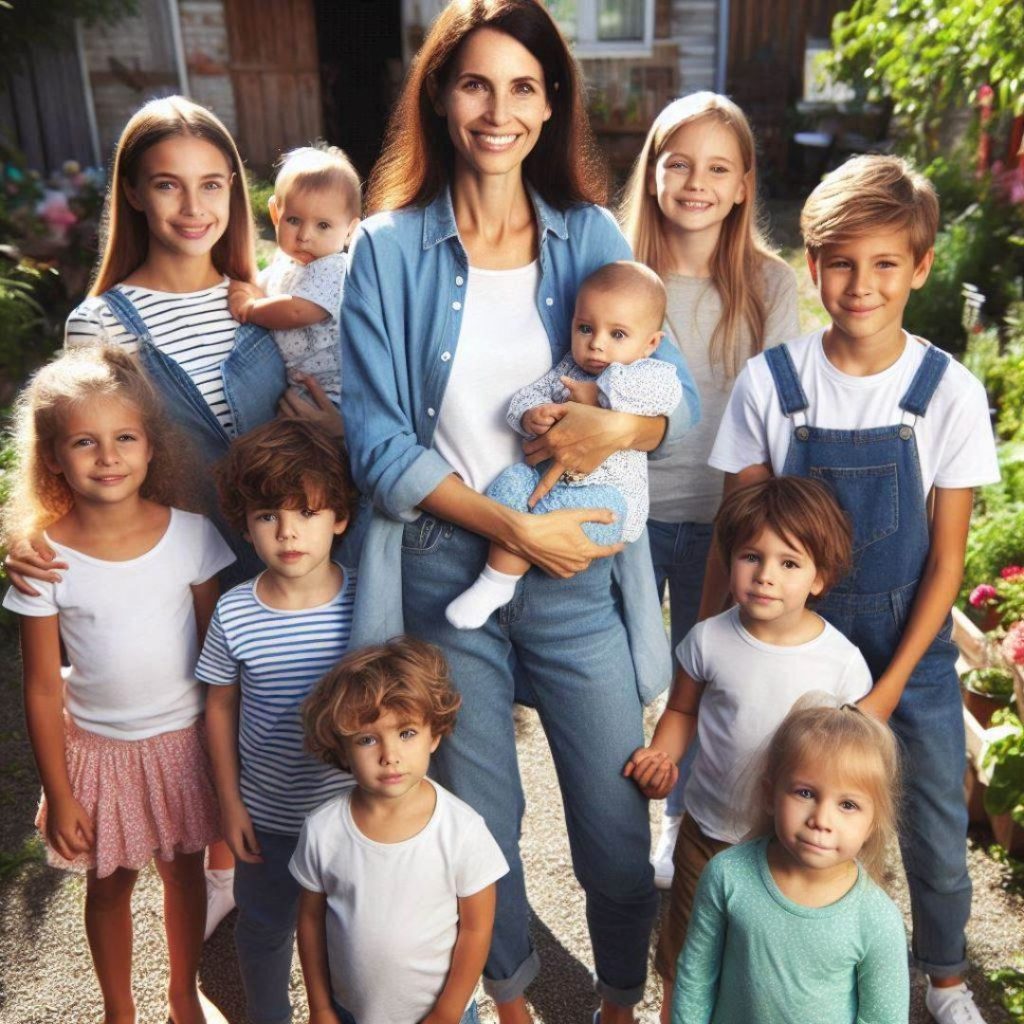 Smiling mom with her children in various ages stnading in her garden