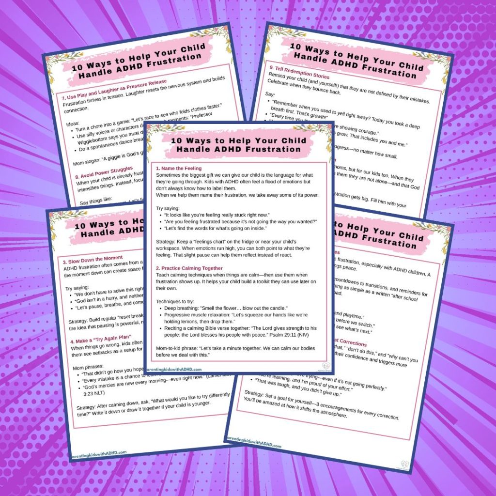 4 printables with 10 ways to help your child deal with ADHD frustration, on a purple background