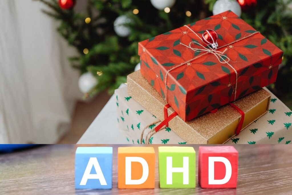 BLOCKS WITH LETTERS ADHD IN FORNT OF A CHRISTMAS BACKGROUND